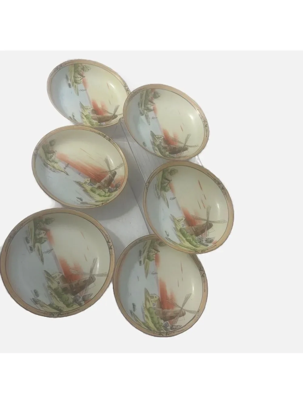Vintage Handpainted Porcelain Nippon Japan Dessert Salad Bowls Set of 6 Windmill